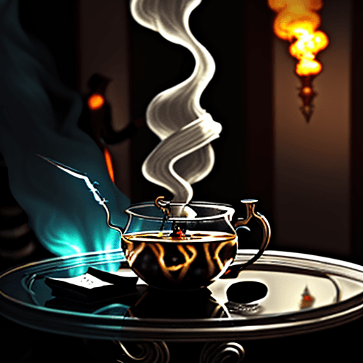 AI generated: an epic cup of flavorful explosive magic tea awaits in the buffet before the show on a white black s...