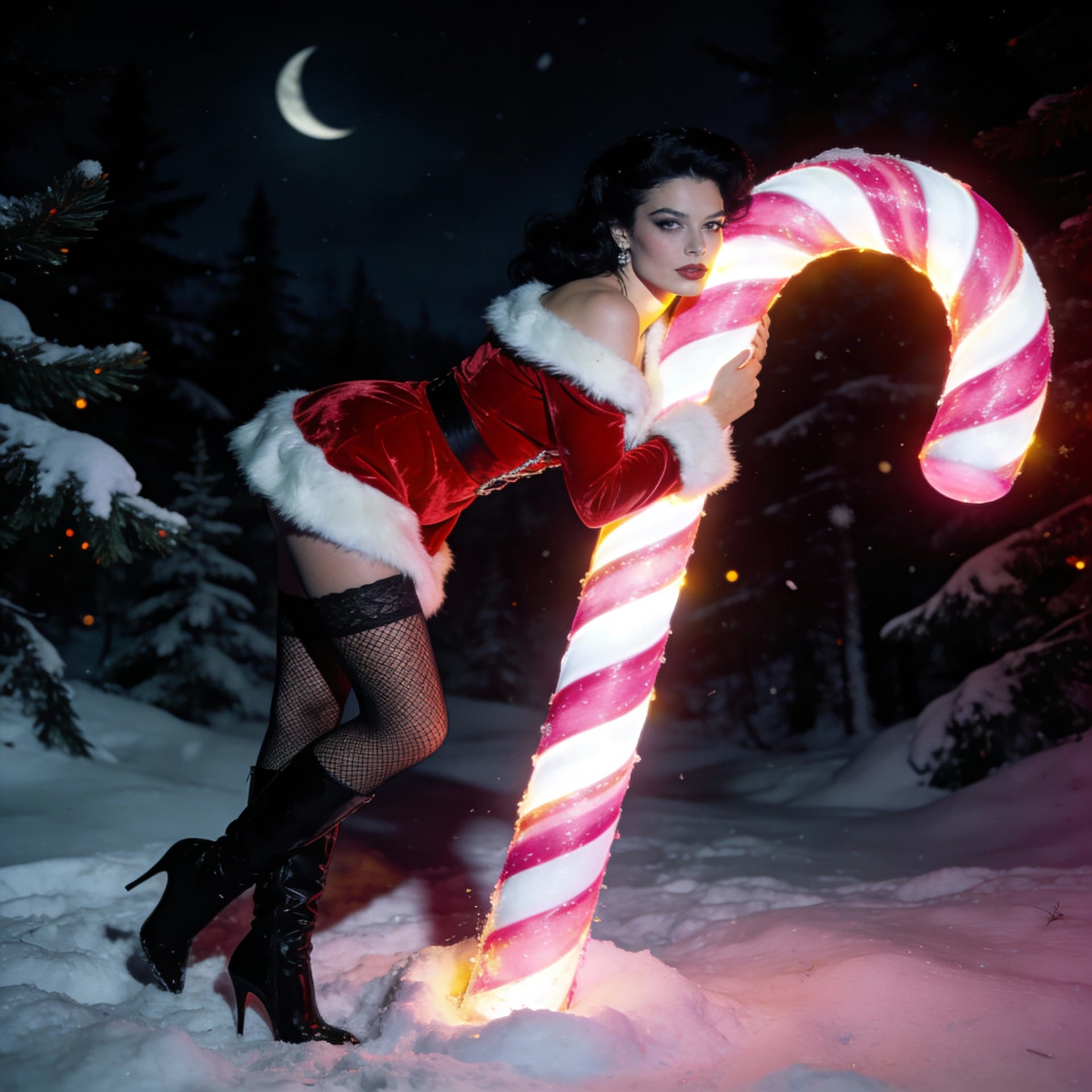 AI generated:  Hyperrealistic photograph capturing a stunning black-haired supermodel embodying Christmas fantasy ...