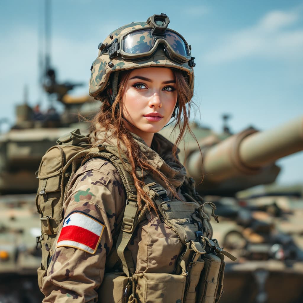 AI generated: nice female soldier standing behind an army TANK with military gear.