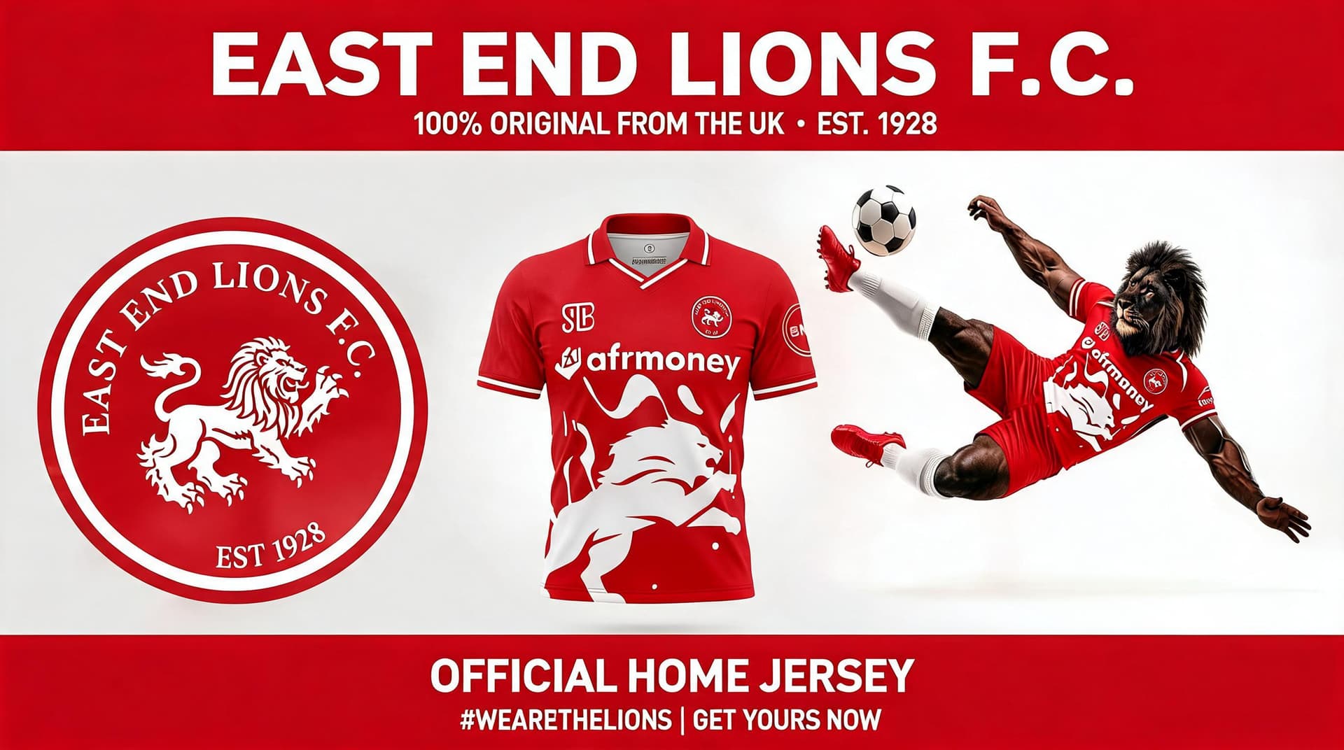 AI generated: 100% Original from the UK . East End Lions Jersey generate a promotional flyer for the jersey