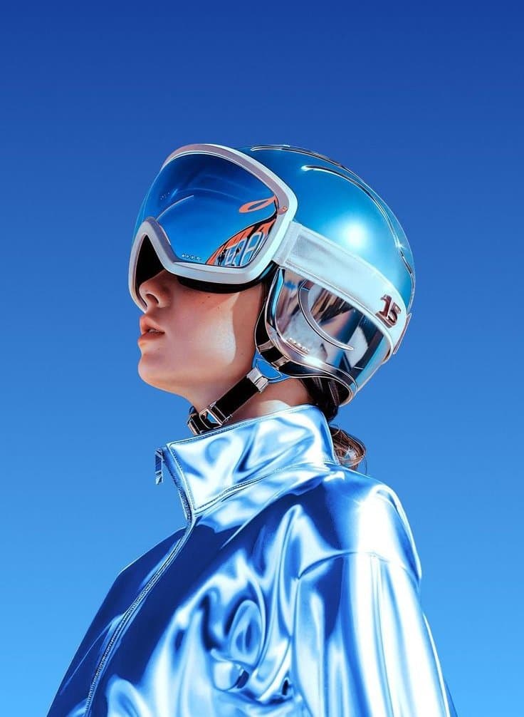 AI generated: Ultra-realistic futuristic portrait of a young woman in profile, facing left, wearing a reflective m...