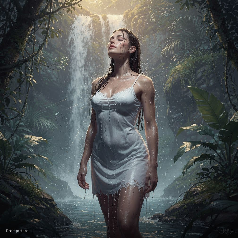 AI generated: A beautiful, tall, Germanic female with long, wet, dark brown hair, a slightly turned up nose and wi...
