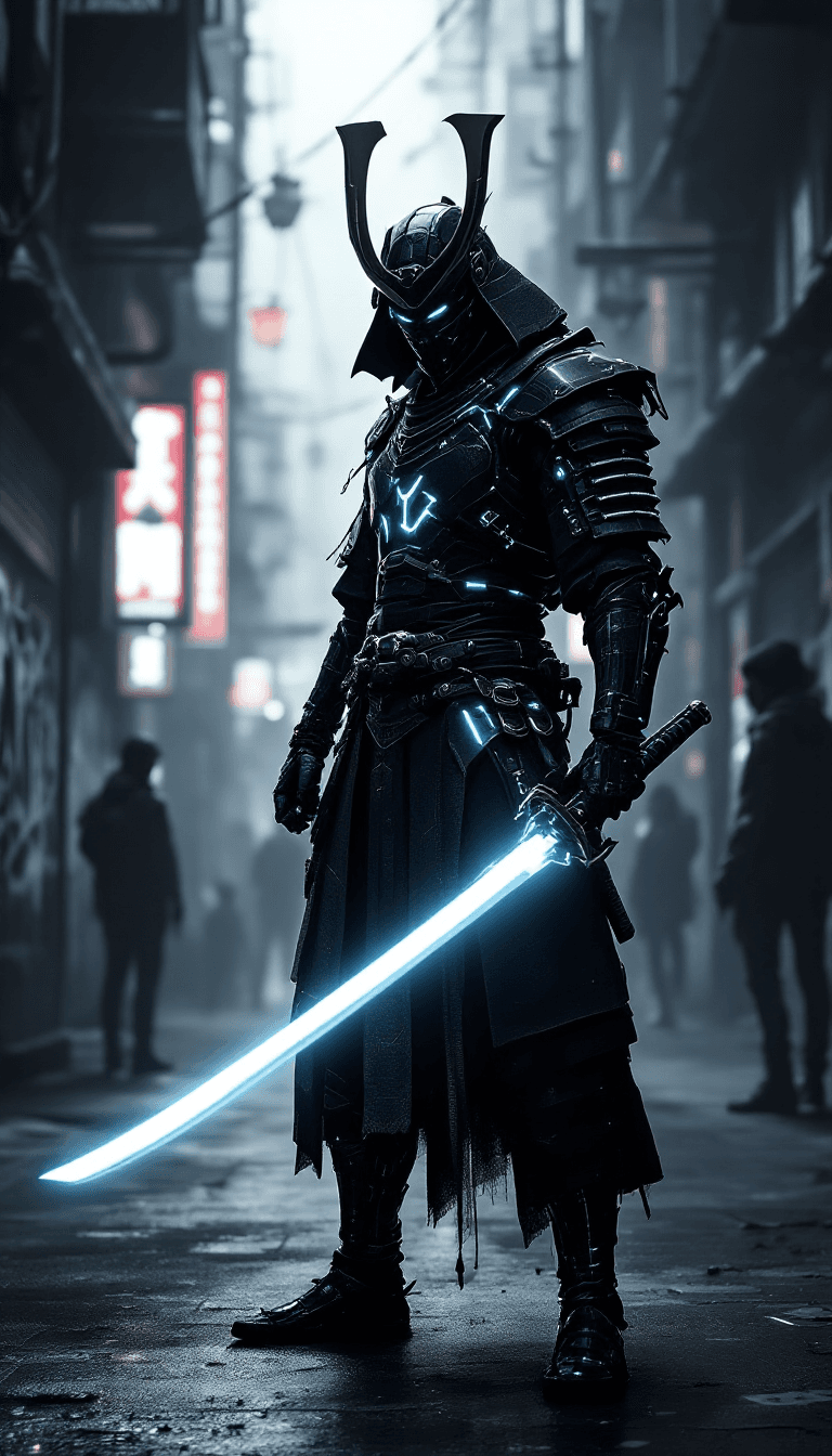 AI generated: A futuristic samurai standing in a dystopian alley, glowing katana drawn, surrounded by cybernetic g...