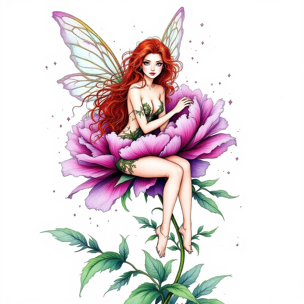 AI generated: 
Prompt: a red hair fairy sitting on a long-stemmed peony flower sharp focus, diamonds, gold, green,...