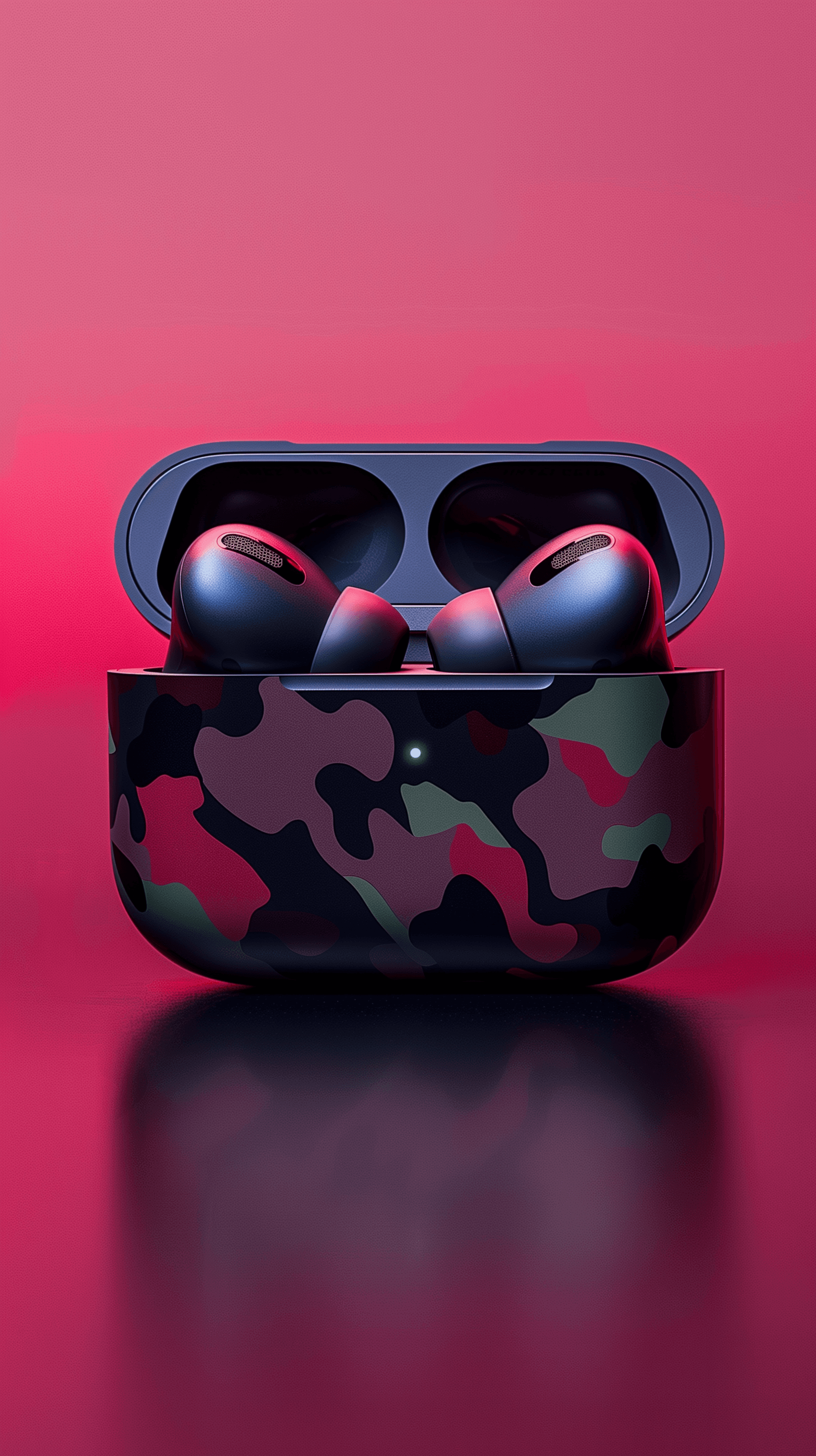 AI generated: productive photography, concept design, Apple AirPods Pro 2, camouflage pattern, matte ear tips, str...