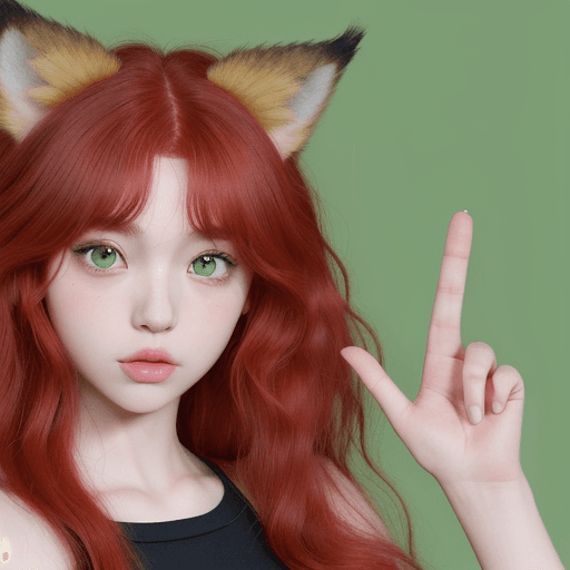 AI generated: young manga girl/wavy red hair/green eyes/small red wolf ears/small nose/full lips