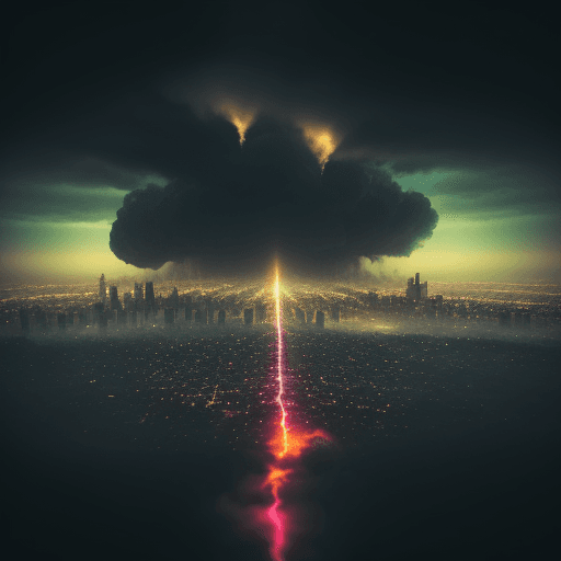 AI generated: city of pollution in the sky, on middle, close up, with acid rain close up in the city  