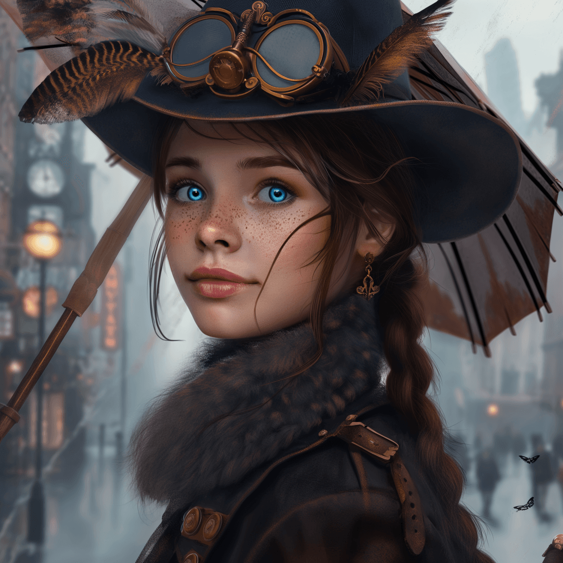 AI generated: girl, freckles, brunette, blue eyes, feathers, hat, umbrella, glasses, brown, grey, standing against...