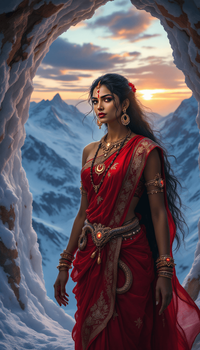 AI generated: "A dramatic, divine scene set at twilight within a snowy cave on Mount Kailash, carved into the icy ...