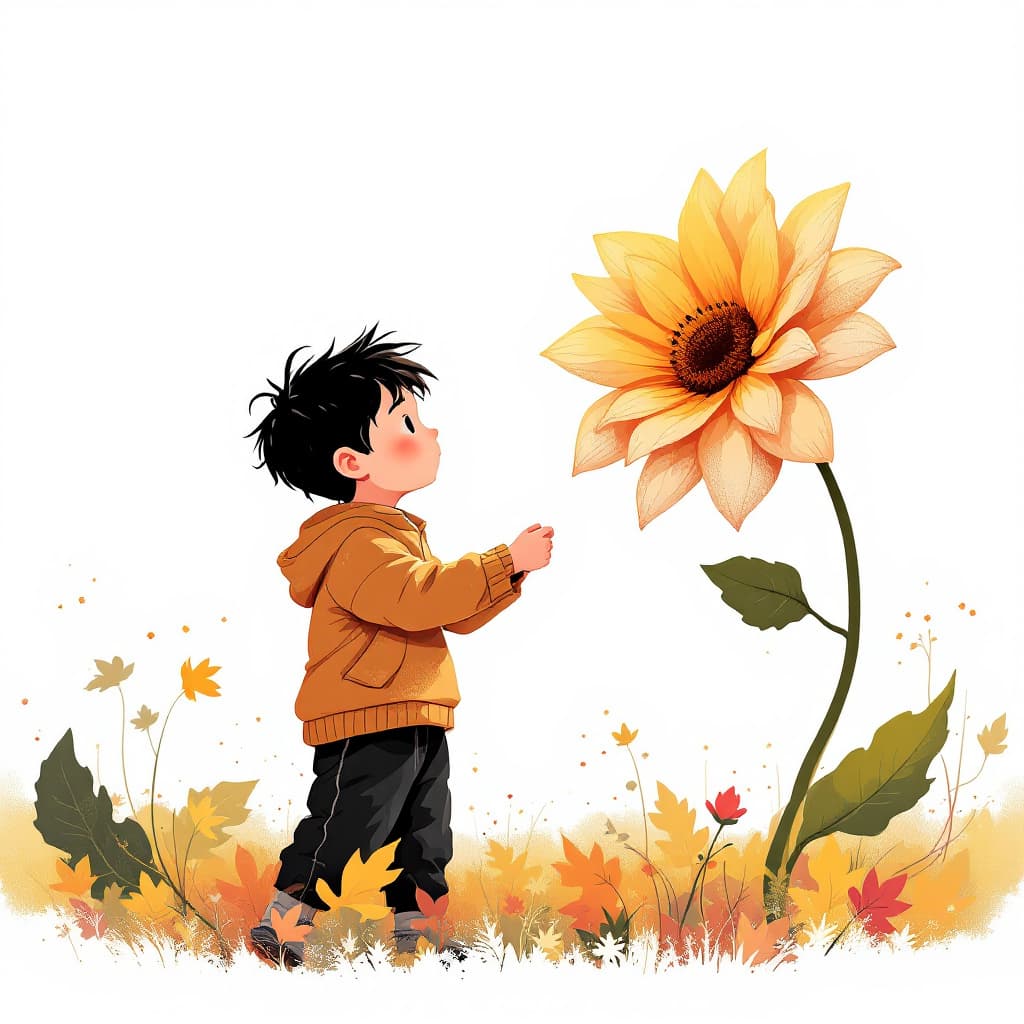 AI generated: A boy holding a huge flower, micro art, girl standing in the autumn field basking in the sun, autumn...