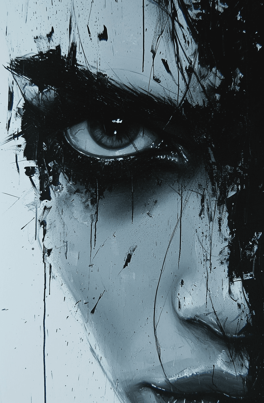 AI generated: an abstract painting with her eyes to the side, in the style of mike deodato, michael hussar, minima...
