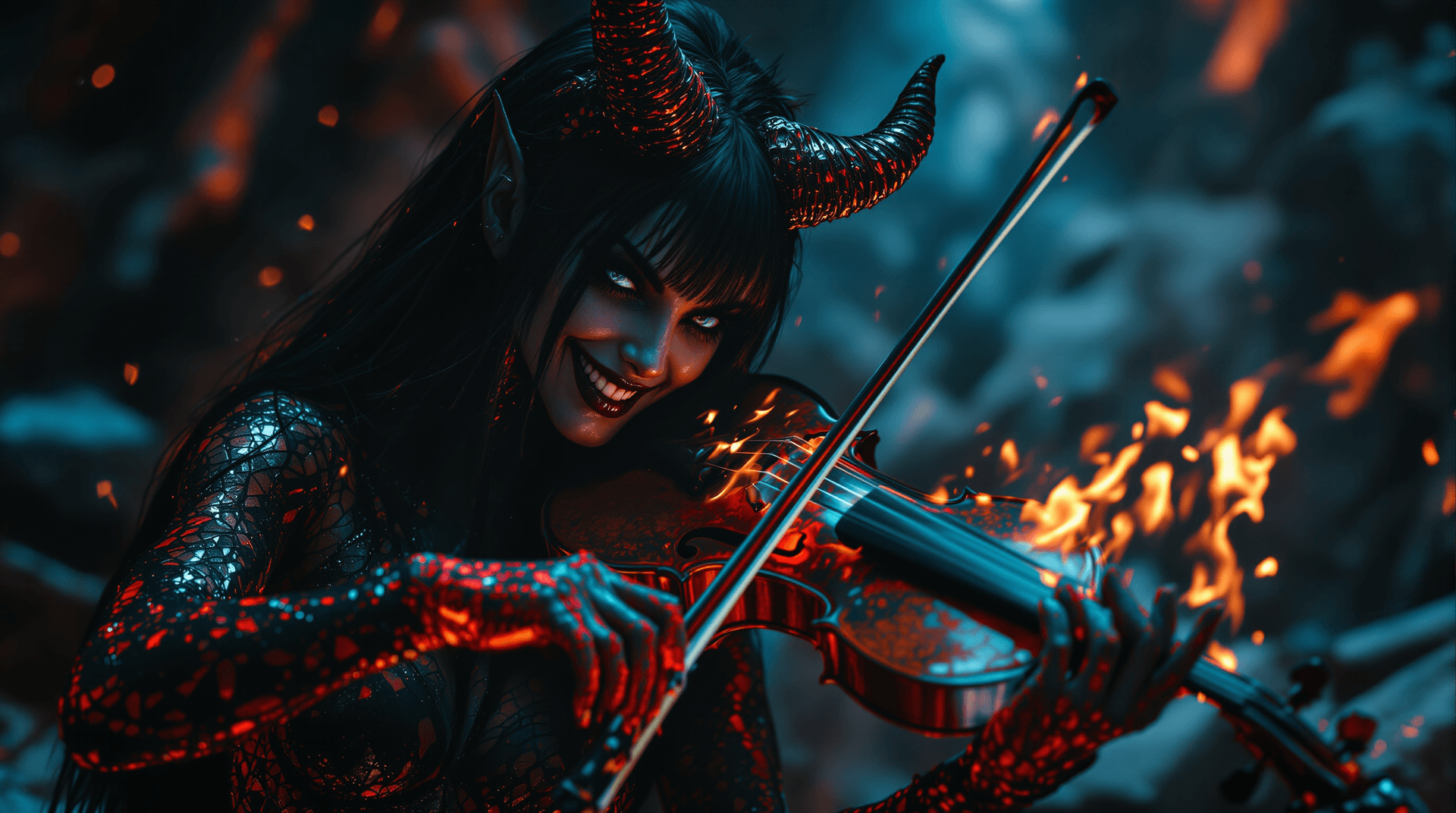 AI generated: A centered shot focusing on the demonic musician's face (smiling) on the violin fingerboard, reminis...