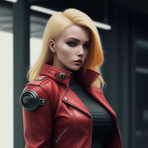 AI generated: Beautiful blonde girl in red leather jacket, cyberpunk style. Walks a dog breed: Rottweiler.