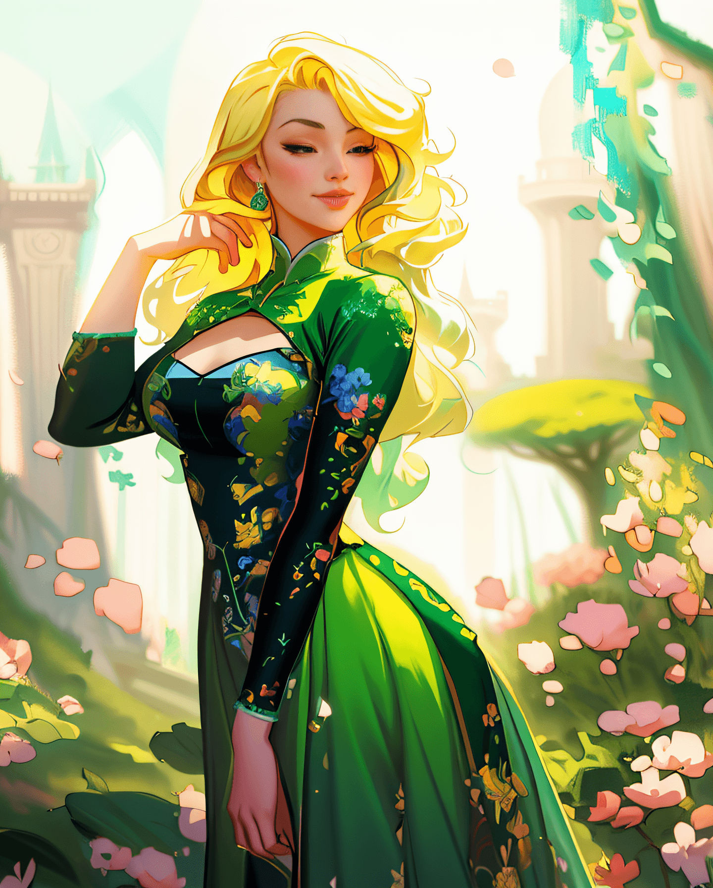 AI generated: araffe woman in a green dress posing in a garden, ross tran style, beautiful character painting, in ...