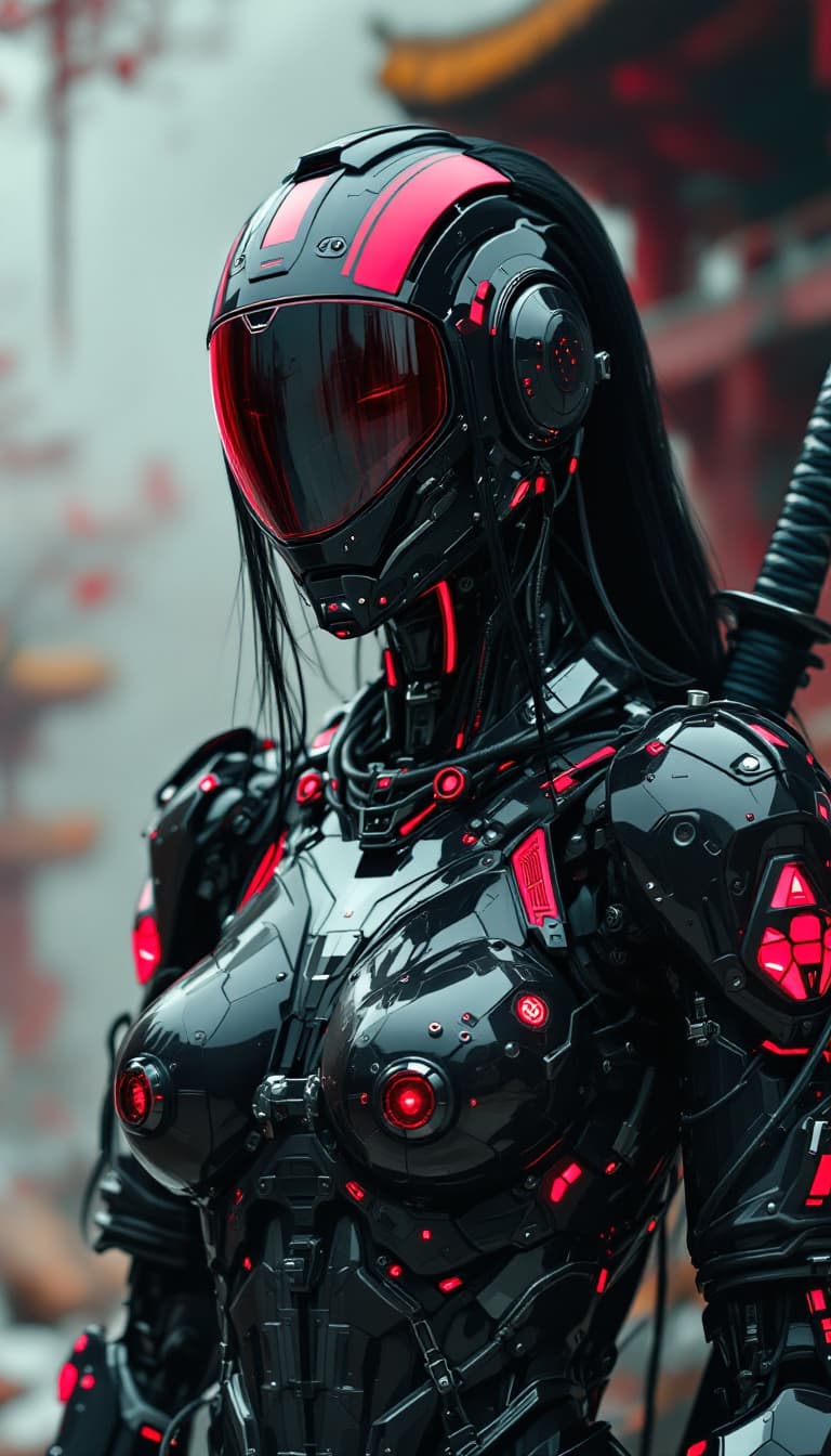 AI generated: in the style of ck-sfc, female cyberpunk robot samurai, robot face with mirrored face shield, hyperd...