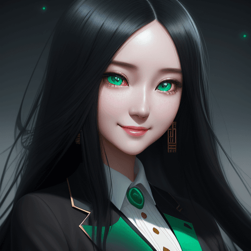 AI generated: 
girl with long black hair in black blazer and white blouse, azure eyes, shy smile, in the style of ...