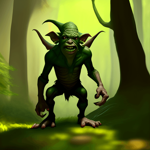 AI generated: good looking, DnD goblin with very big feet in a forest, cinematic light, photorealistic, mystical