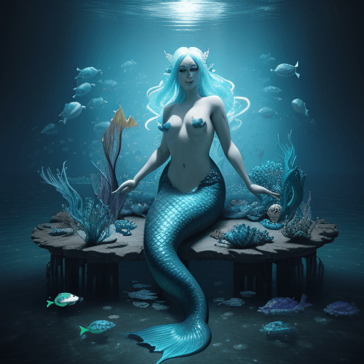 AI generated: Hope masterpiece of a damned mermaid surrounded by lots of tiny glowing fighting fish, Damned Shelma...