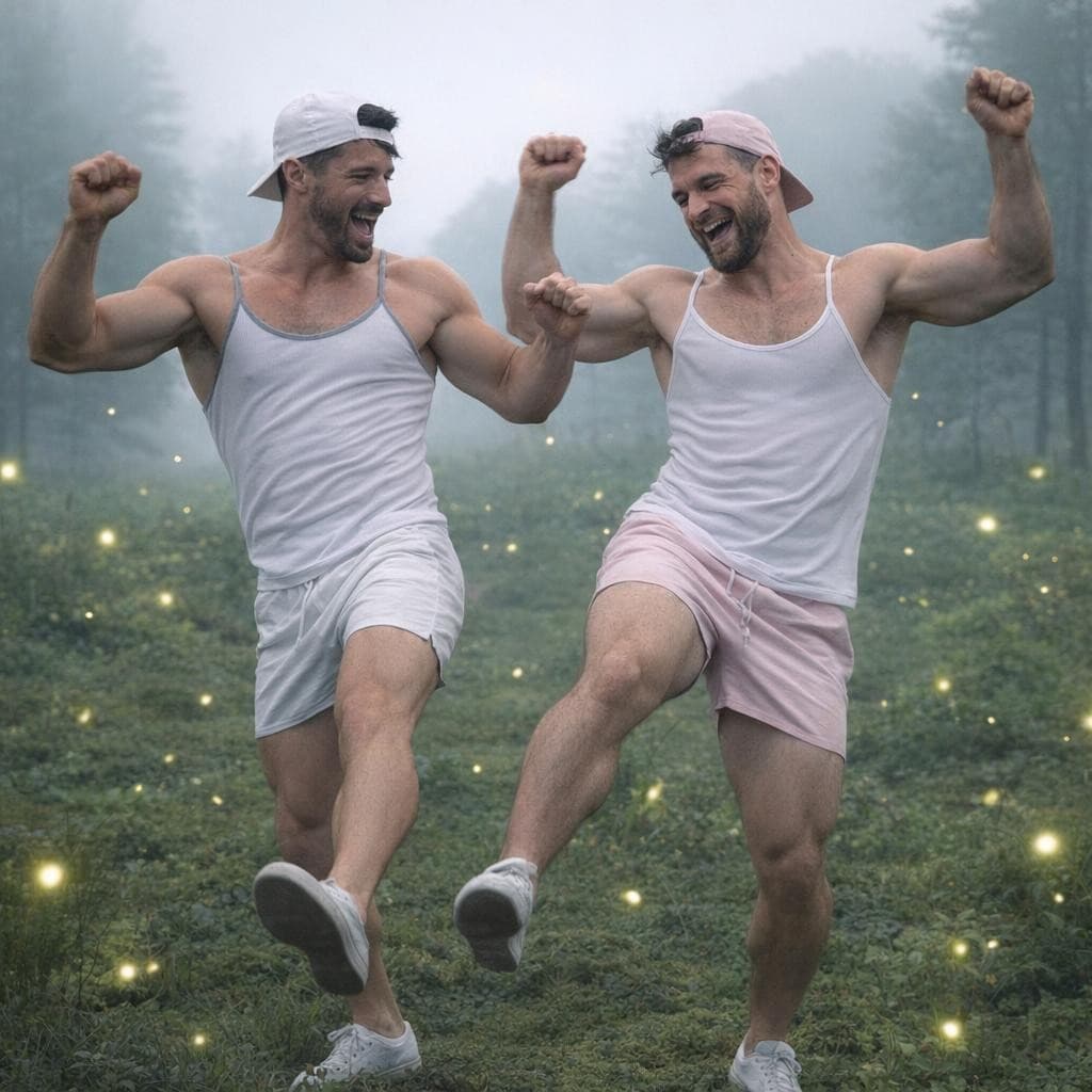 AI generated: Make these men standing in mossy field while doing a happy dance with one wearing light pink short s...