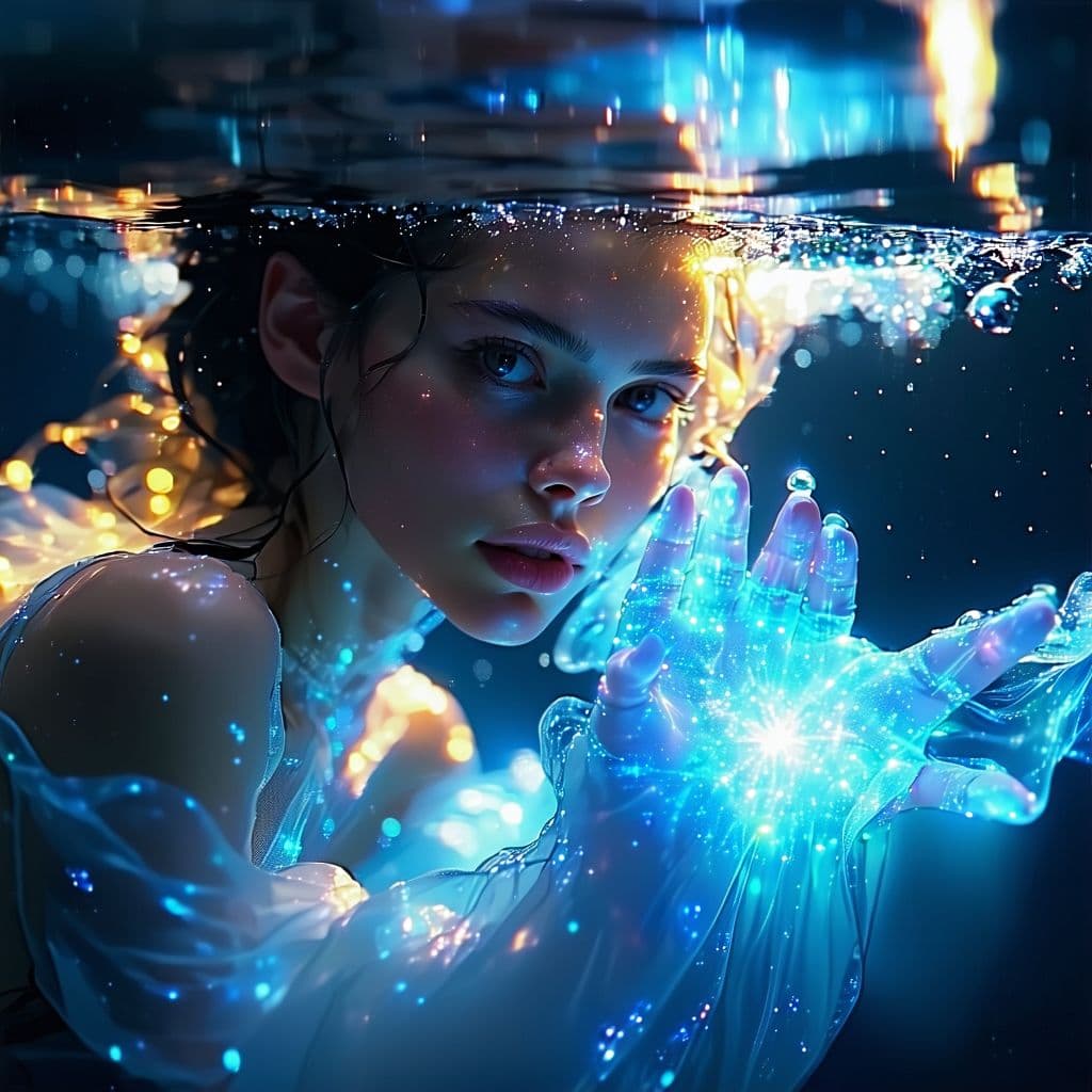 AI generated: Female luminous like Character scenario where the character is underwater touching the limit between...