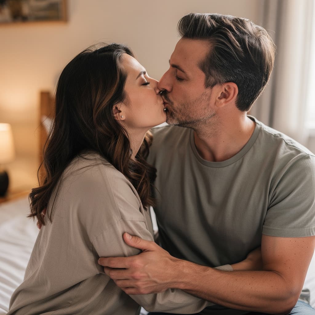 AI generated: French kiss zoom buka baju istri bugil pasangan suami istri muka badan asli natural 