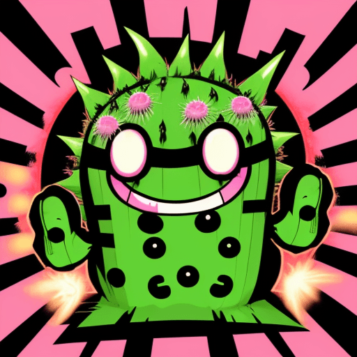 AI generated: Manga cactus with Black angry eyes and Smiley face and his hand is making a positive signal, one pie...