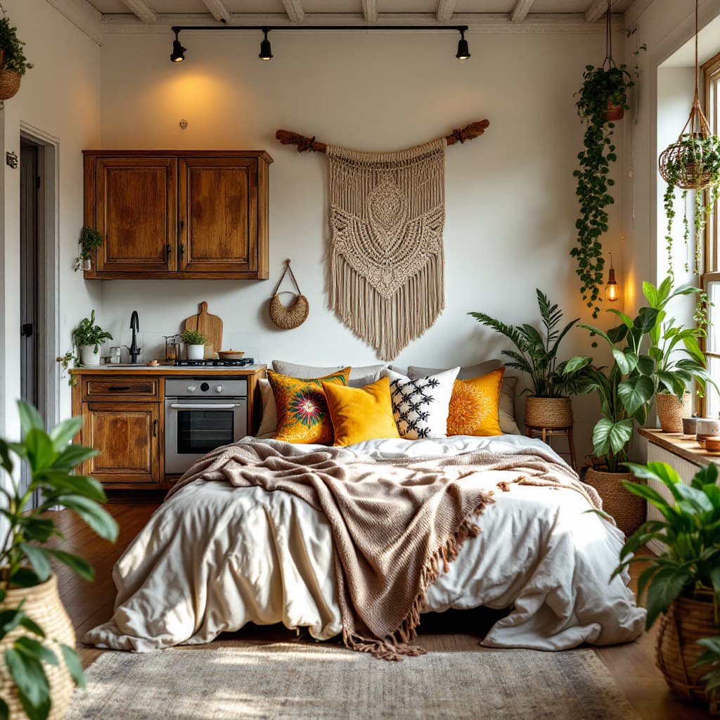 AI generated: A modern bohemian-style studio apartment, size 8x5 meters. Includes a cozy bed with layered blankets...