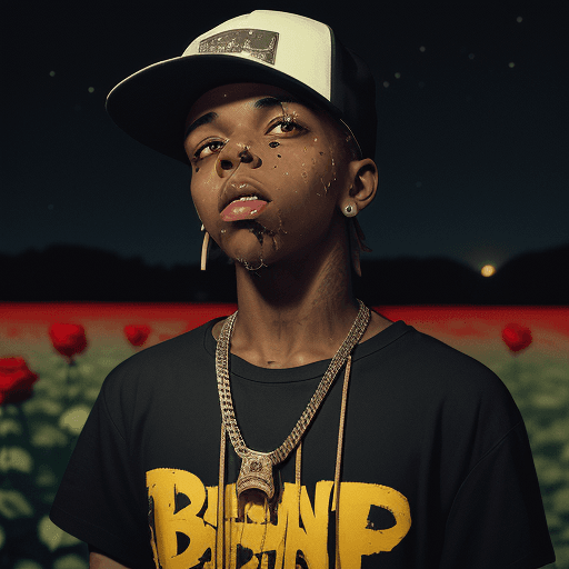 AI generated: The photo of a young man who is a rapper, He has a hip-hop and drippy style of dress, on his shirt t...