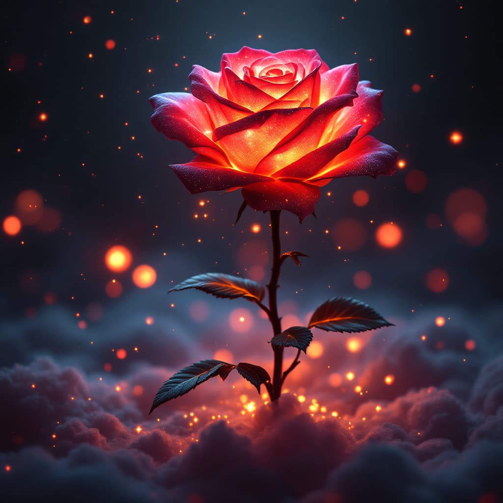 AI generated: A mesmerizing cosmic rose glowing with ethereal red and yellow hues, radiating soft neon light. The ...