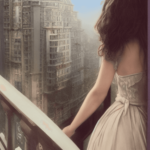 AI generated: mdjrny-v4 style photograph of a woman, standing on a balcony, stunning environment, ultra realistic,...