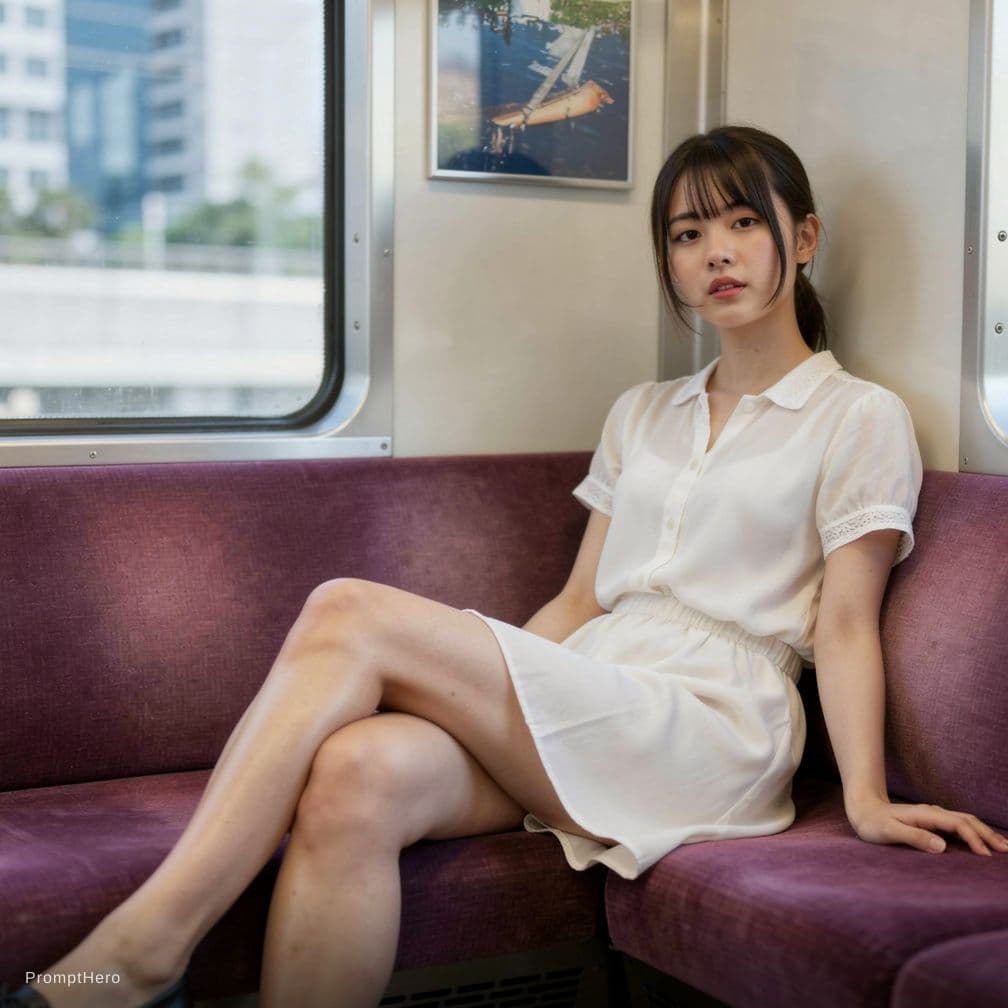 AI generated: プロンプト：
a realistic photo of a young woman sitting naturally on a train seat inside a Japanese commut...