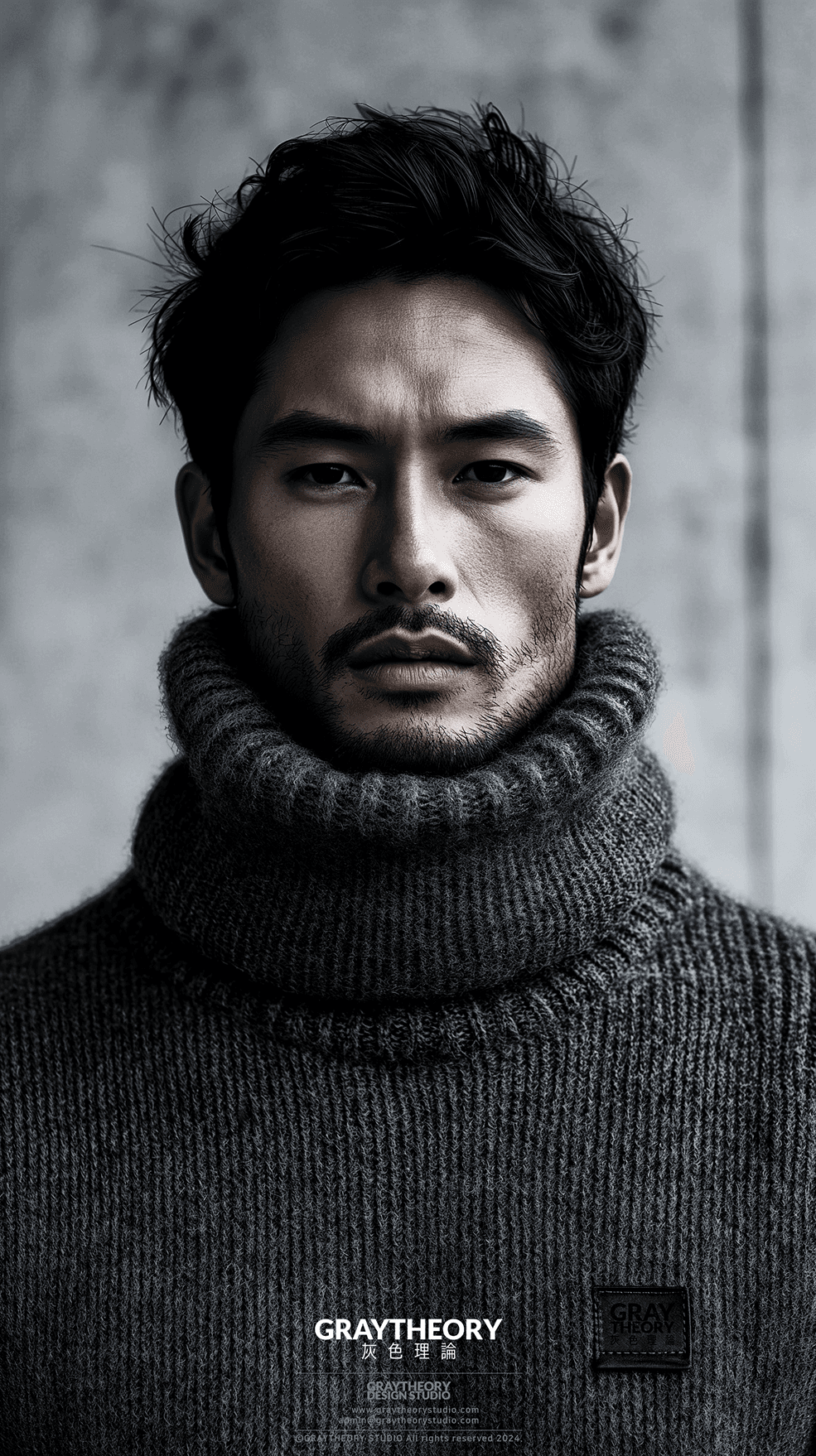 AI generated: front view, capture a turtleneck, technical materials, asian model, fabric small point label on text...