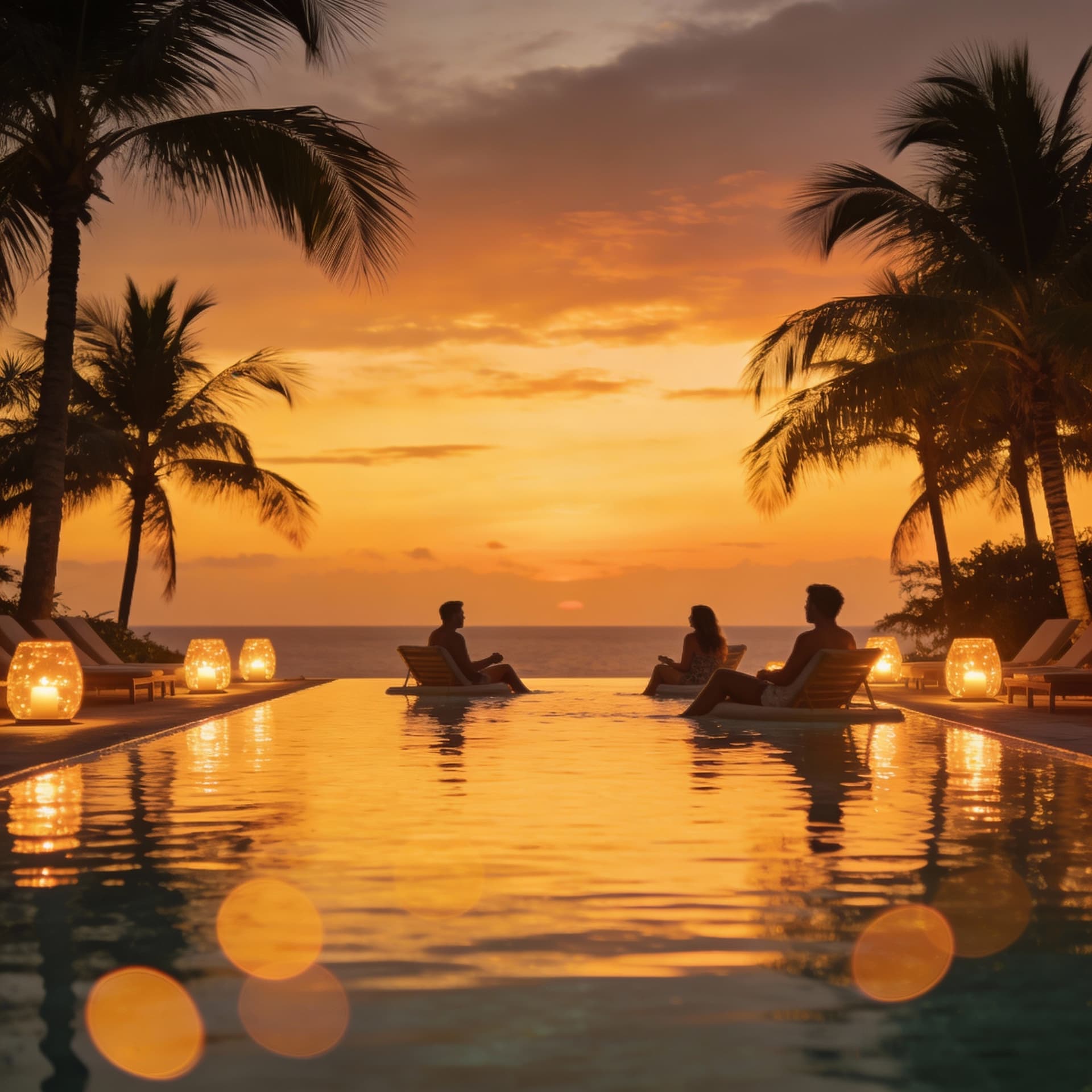AI generated: Guests enjoying the infinity pool at sunset, glowing ambient lights, reflections in water, palm tree...