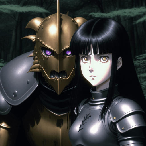 AI generated: dark horror fantasy, ”a girl with black hair and golden eyes in armor fights with a monster in the f...