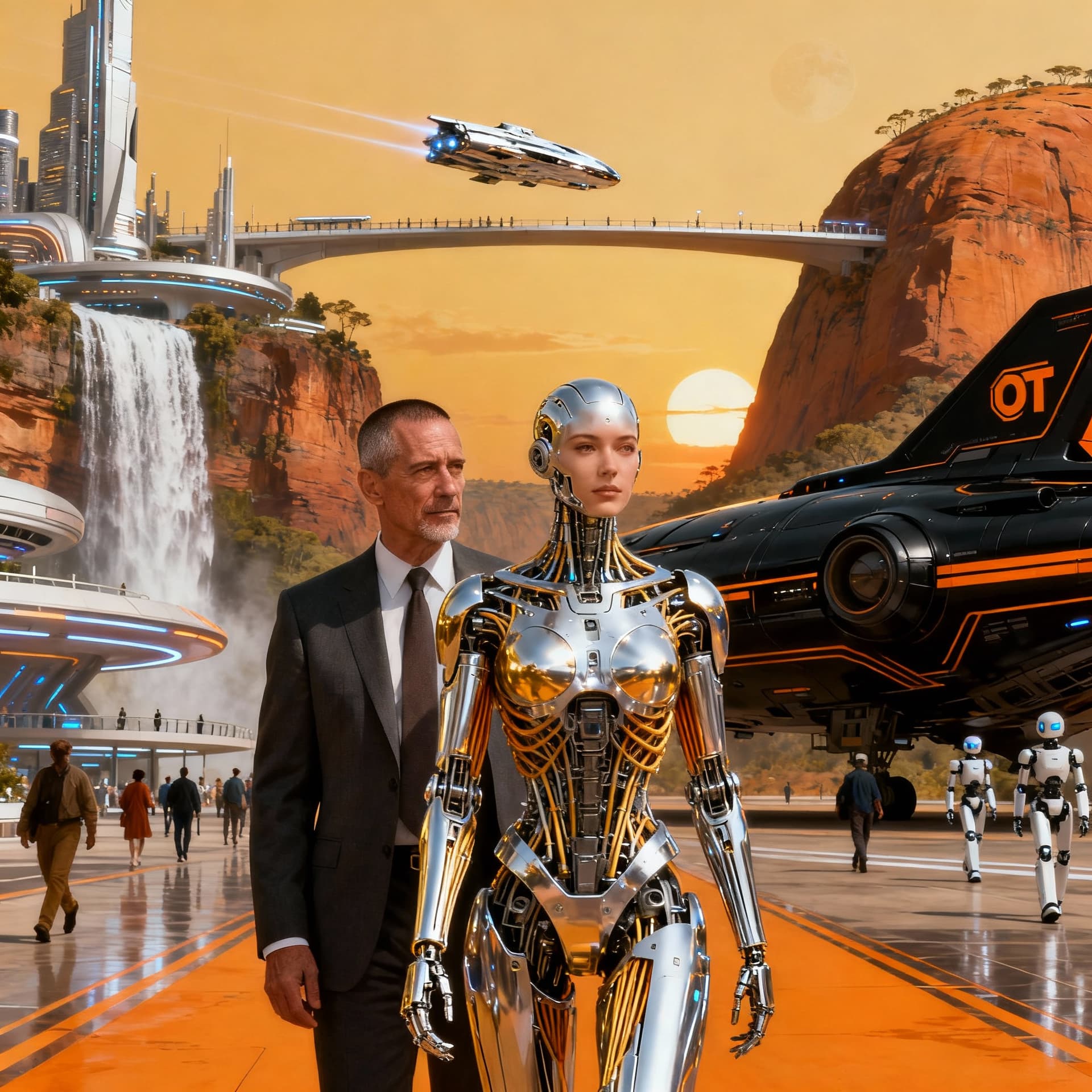 AI generated: An middle-aged man with a crew cut, wearing a suit and a beauty robot in the Northern Territory of A...