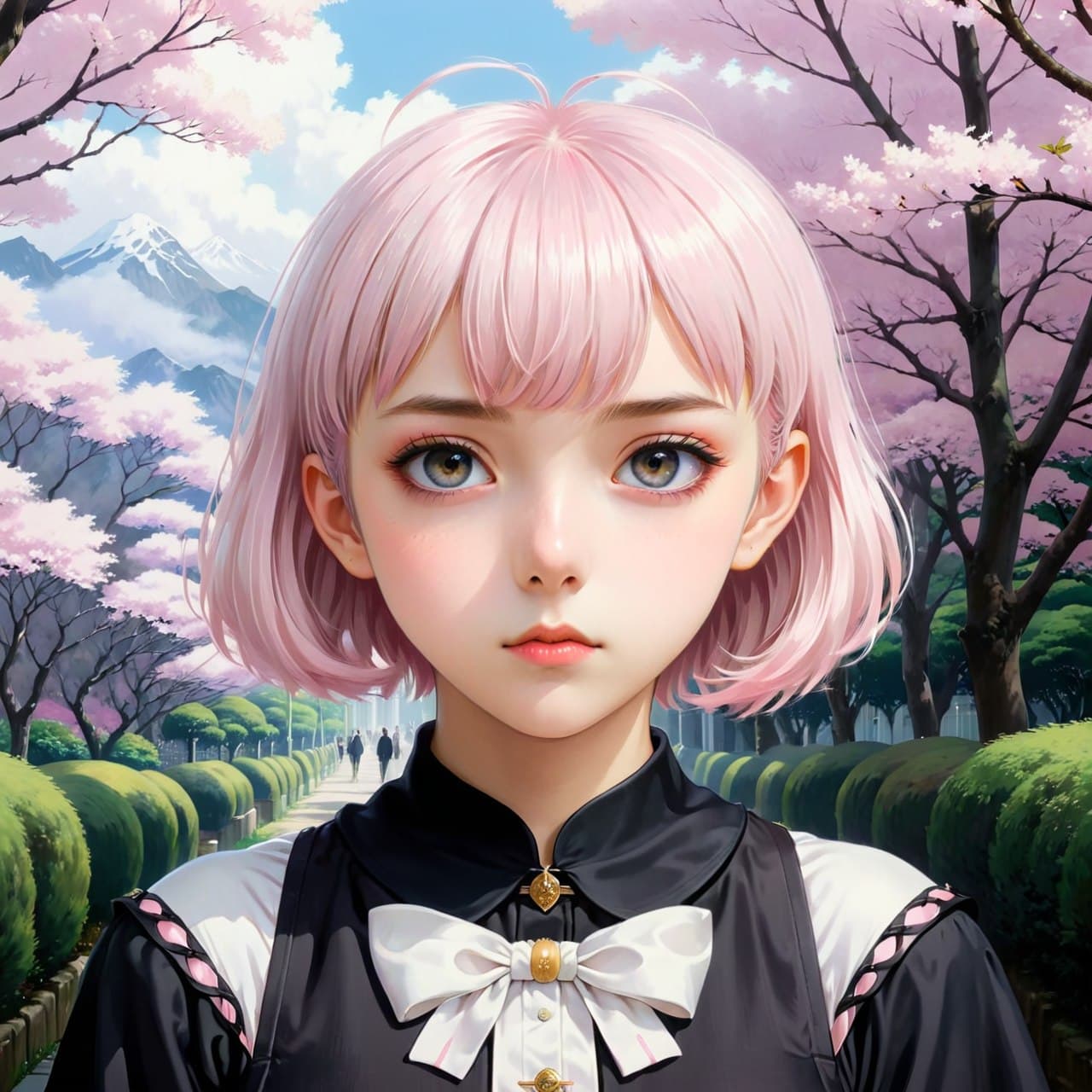 AI generated: Characters from anime, young goth girl, short pastel pink hair with bangs, Studio Ghibli, Akihiko Yo...