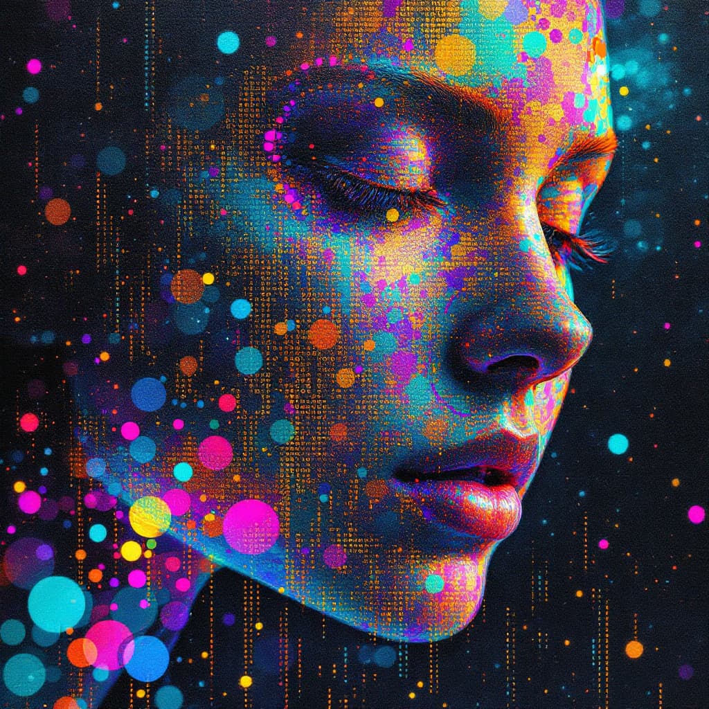 AI generated: high quality, Ultra HD, Imagine a vibrant canvas illuminated by a cascade of vibrant encaustic decou...