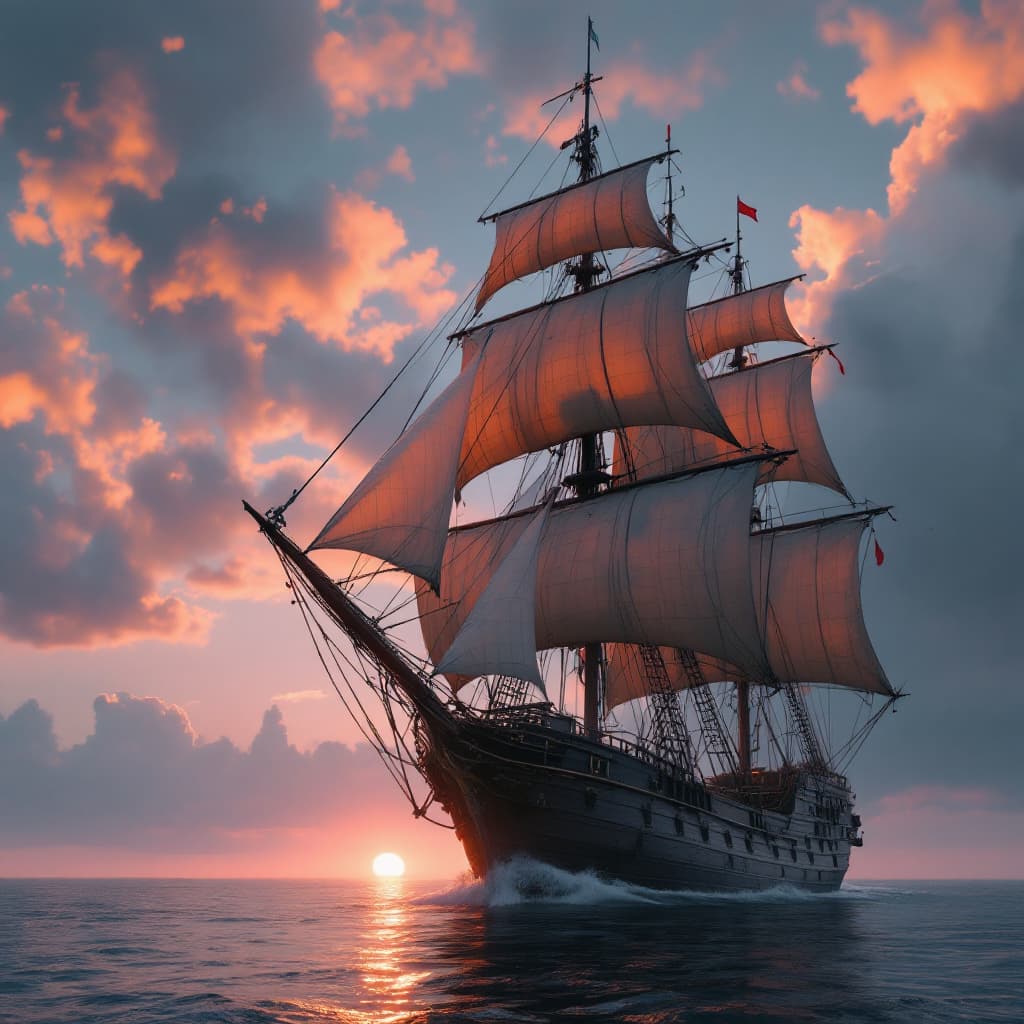 AI generated: Photo of a ultra realistic sailing ship, dramatic light, pale sunrise, cinematic lighting, battered,...
