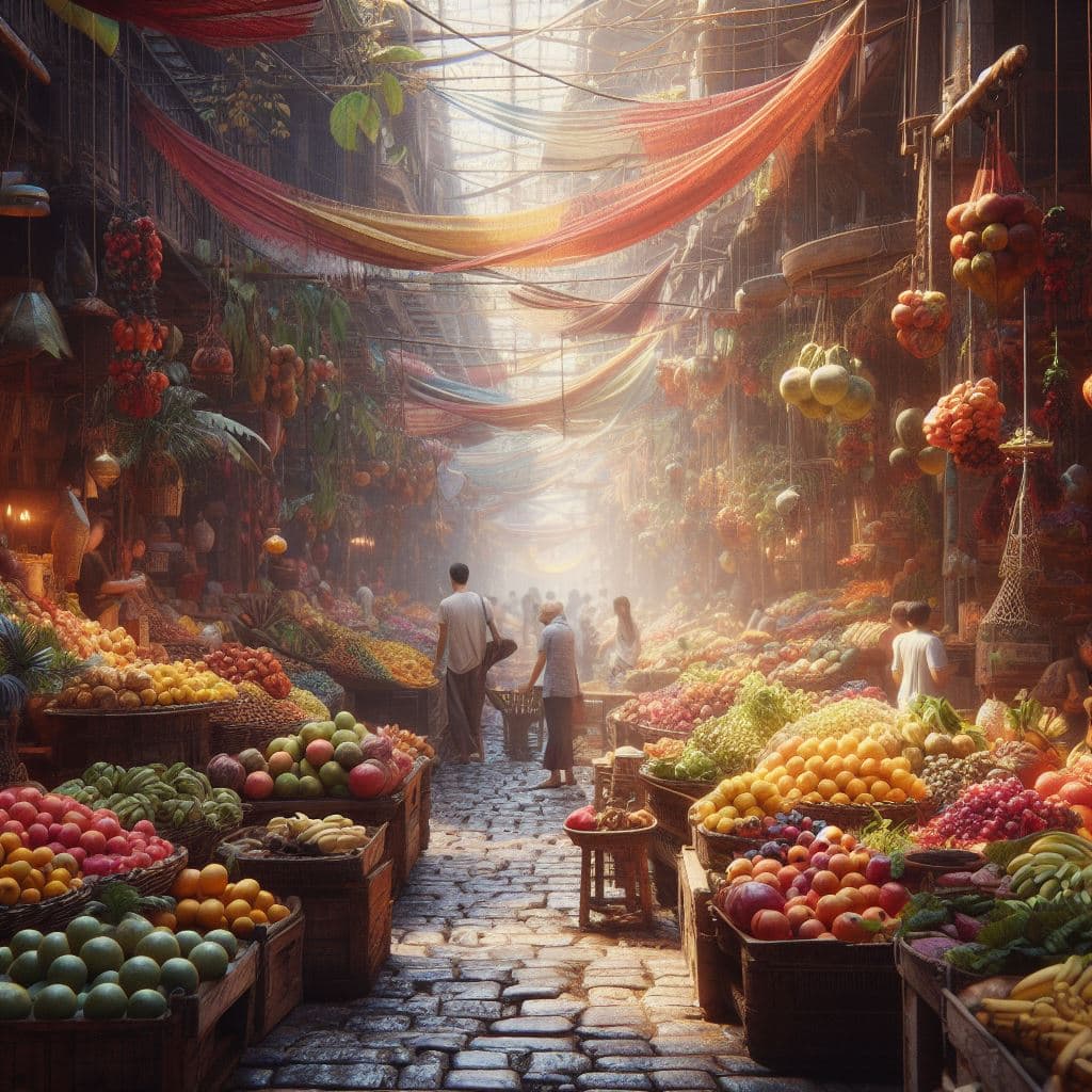 AI generated:  (8k, best quality, masterpiece:1.2), A landscape of a bustling marketplace filled with exotic fruit...