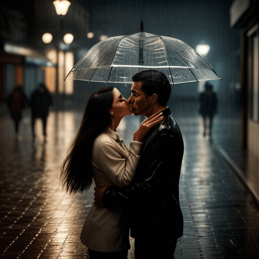 AI generated: A passionate and dramatic encounter between a man and a woman, captured in a rainy city street, thei...