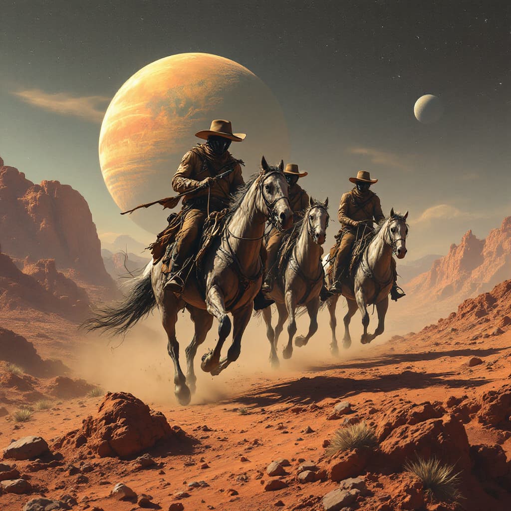 AI generated: cowboys riding horses on an alien planet