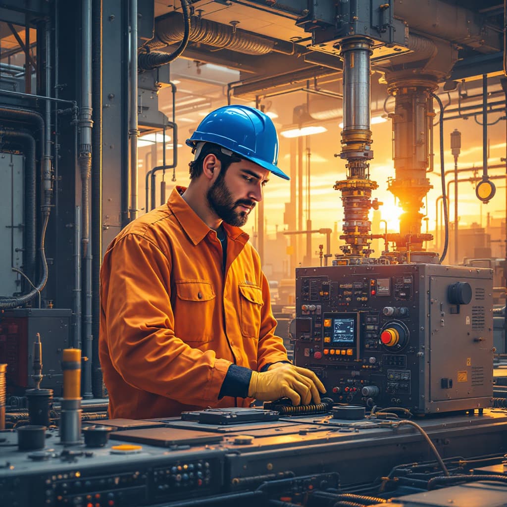 AI generated: Write a prompt for a test -image for "an engineer, performing a start-up on a machine (( working exo...