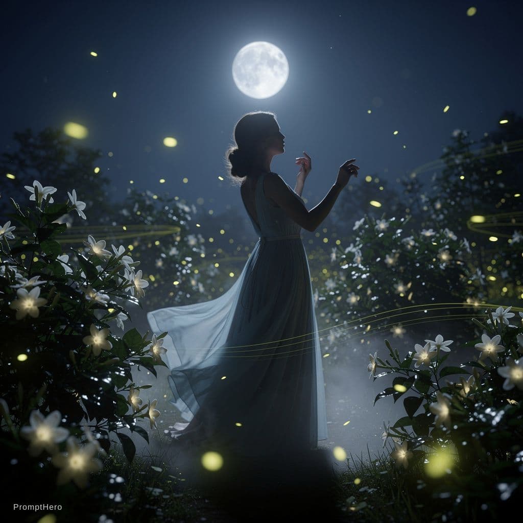 AI generated: A woman in a moonlit garden, surrounded by night-blooming jasmine. She is unclothed nude, naked
. Fi...