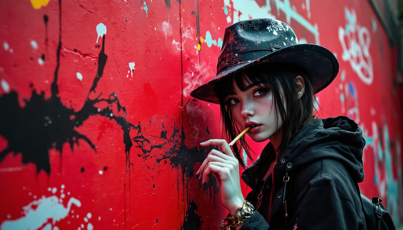 AI generated: close up, full color painting wall, standing cyberpunk 15 yo girl, (looking at viewer:1.5) , Porkpie...