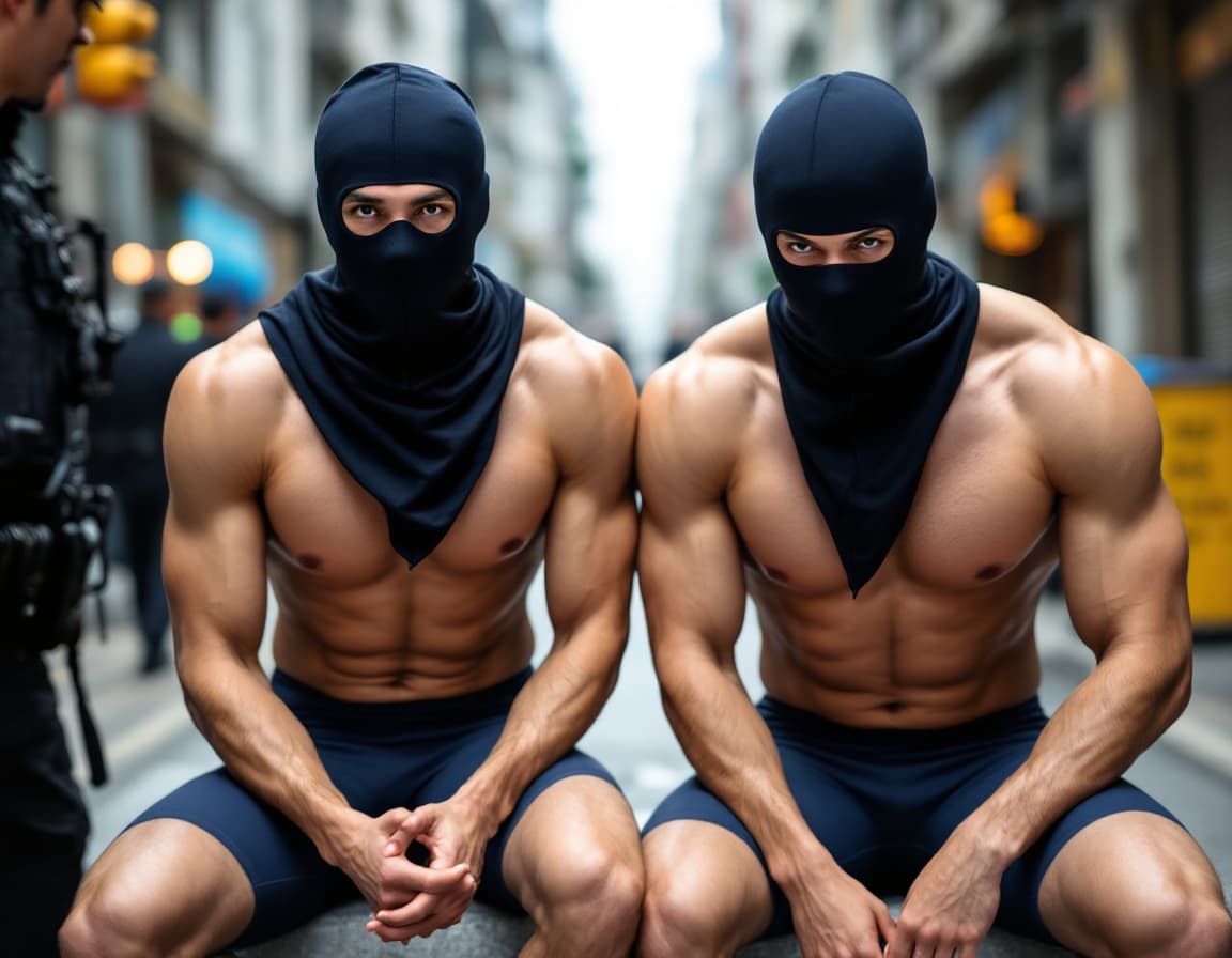 AI generated: Two muscular handsome male Hong Kong swimmers wear tight dark navy compression jammers and were arre...