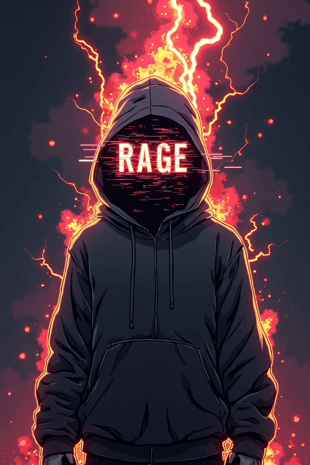 AI generated: A hooded figure stands before you, its face entirely consumed by the blinding neon word "RAGE," flic...