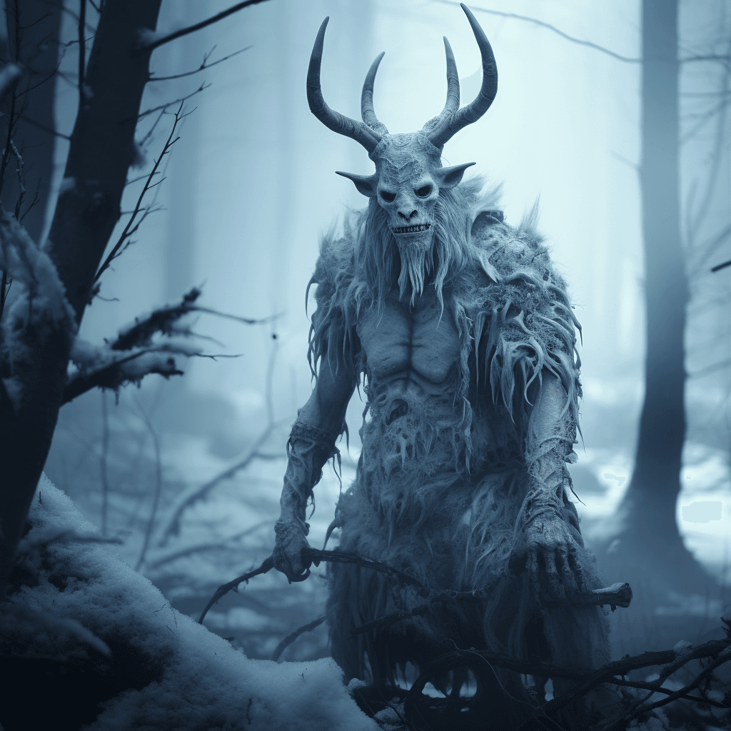 AI generated: scary horned ogre, 20 meter tall, full body, blue eyes, frozen taiga forest with magic mushrooms on ...