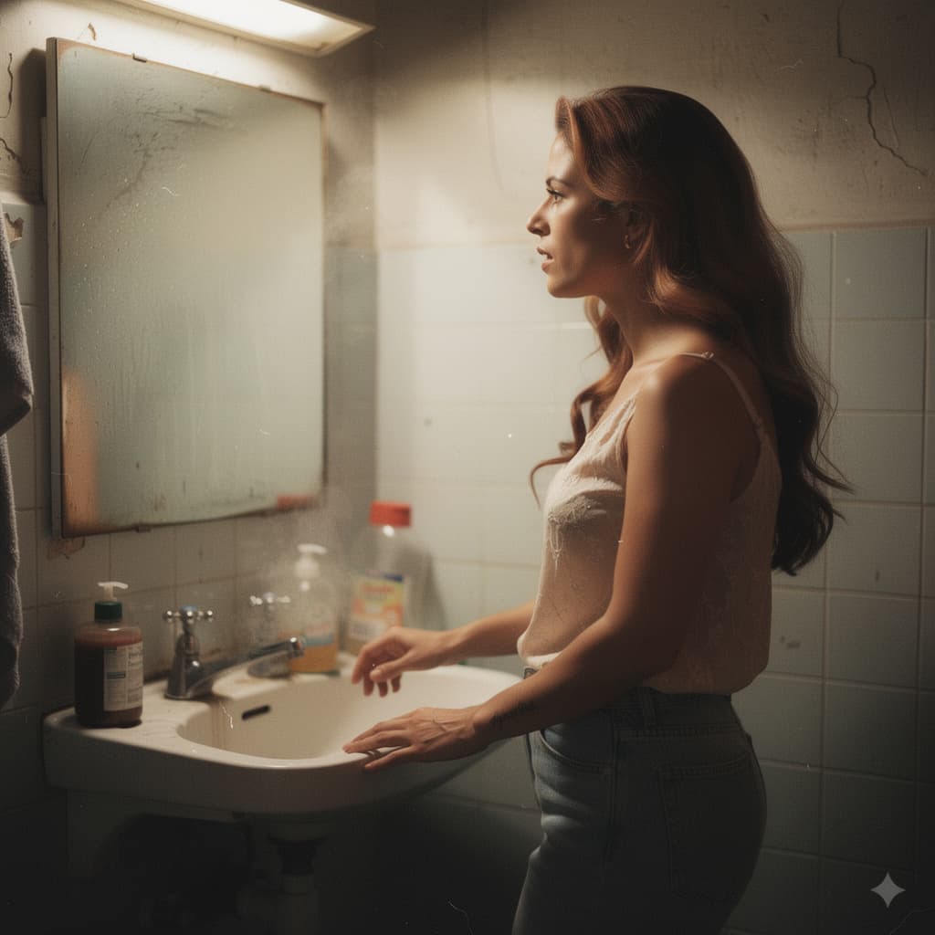AI generated: A candid, intimate documentary shot of a woman pausing in a small, cluttered bathroom. She has long,...