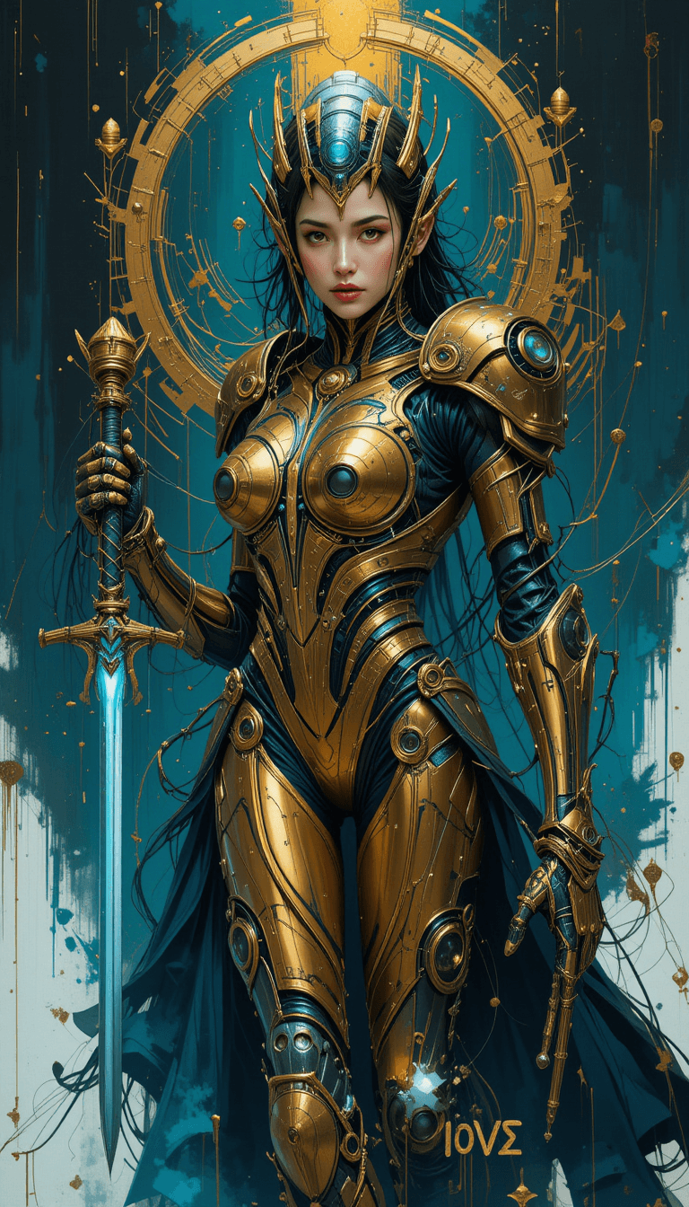 AI generated: A futuristic femme fatale, embodying the essence of robotic expressionism, stands poised with two gl...
