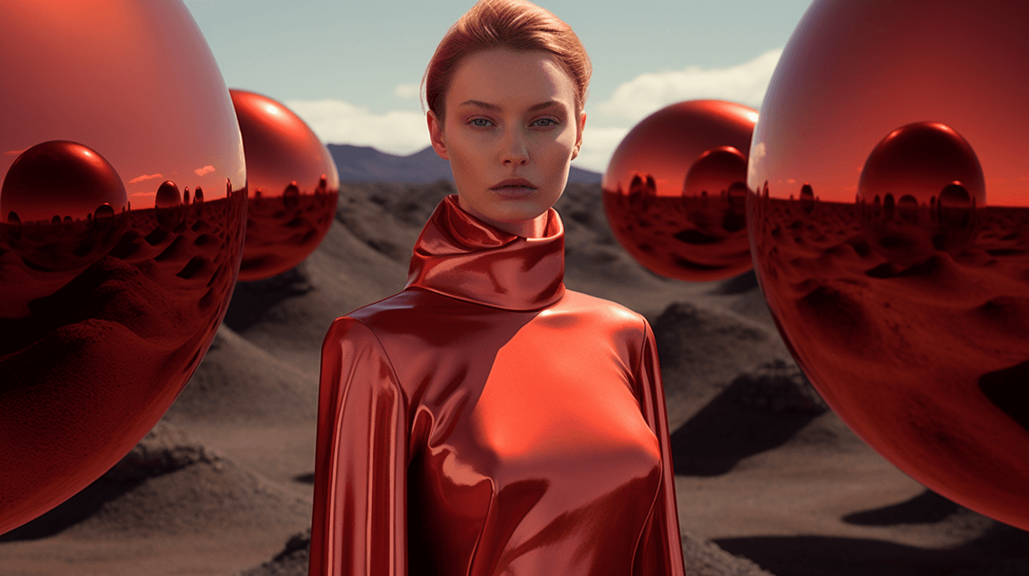 AI generated: High fashion symmetrical portrait shoot in a red volcanic area of a french supermodel, 19yo, in the ...